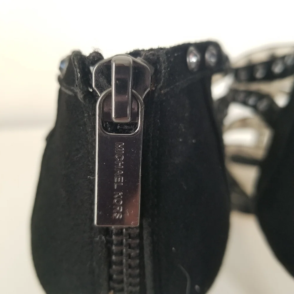 Michael Michael Kors Maddie Jeweled T-Strap Suede Peep Toe Heels Black Size 9